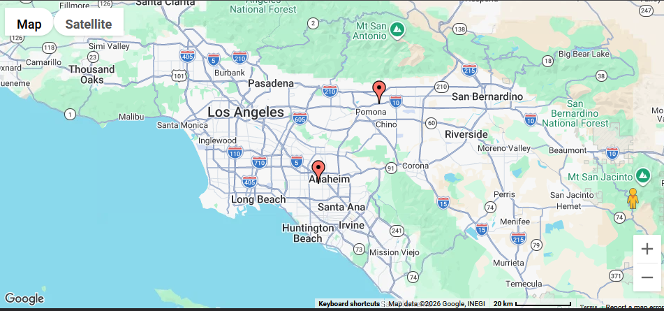 Map showing Al-Amir Bakery locations in Anaheim and Claremont