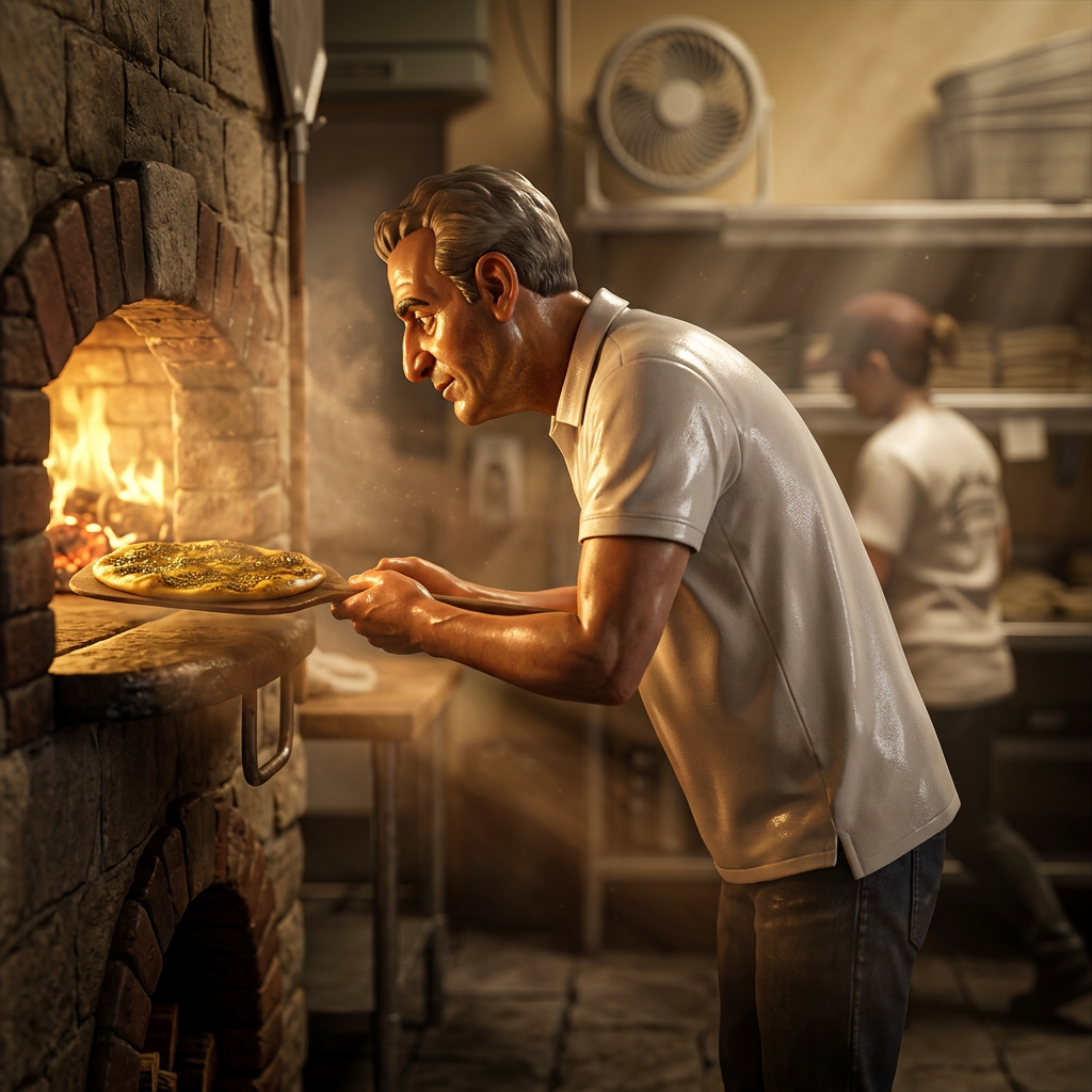 Al-Amir baker sliding fresh manaeesh into the stone oven
