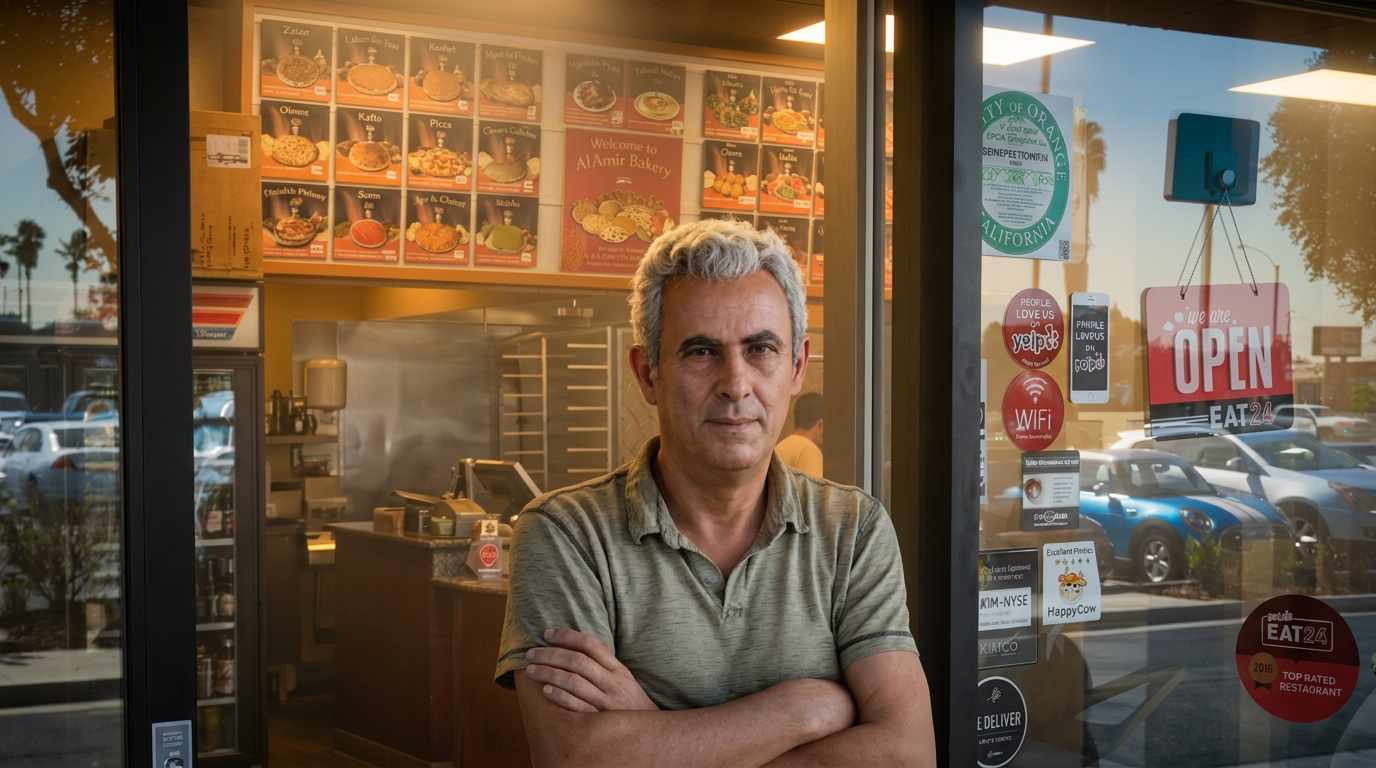 "Haj" Abdallah Soueidan standing in the doorway of Al-Amir Bakery